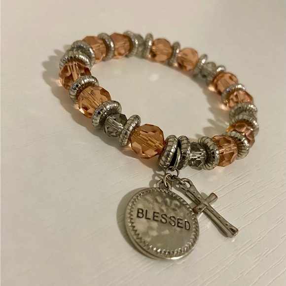 Inspirational Coral and Silver Beaded Bracelet - “Blessed” w/ Cross - Picture 2 of 2